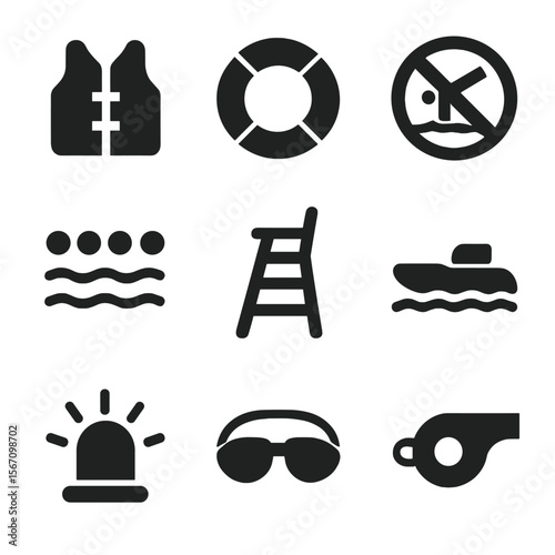 Water Safety Icons. Solid, filled icon set of water safety: life jacket, lifebuoy, swim lane, no diving sign, lifeguard chair,