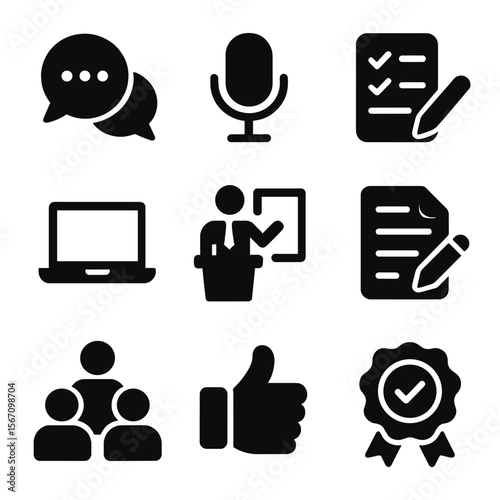 Icon Sets Overview. Solid, filled icon set of formal communication: business letter, contract signing, agenda, podium speech,