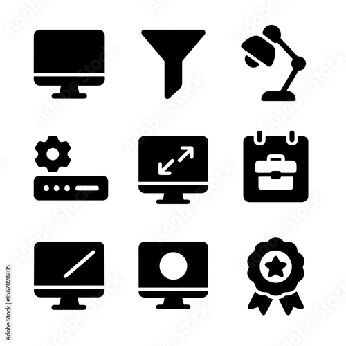 Modern Office Icons Grid. Solid, filled icons set of desktop and office filter use: desktop monitor, software