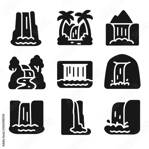 Waterfall Icons Grid. Solid, filled icon set of waterfall destinations: tall cascade, jungle waterfall, mountain fall, forest