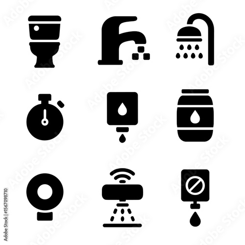 Water-Saving Bathroom Icons. Solid, filled icon set of water-saving bathroom upgrades: dual flush toilet, aerated faucet, low-flow