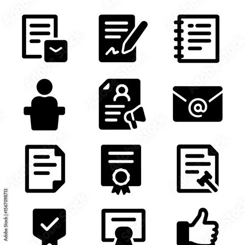 Icon Sets Overview. Solid, filled icon set of formal communication: business letter, contract signing, agenda, podium speech,