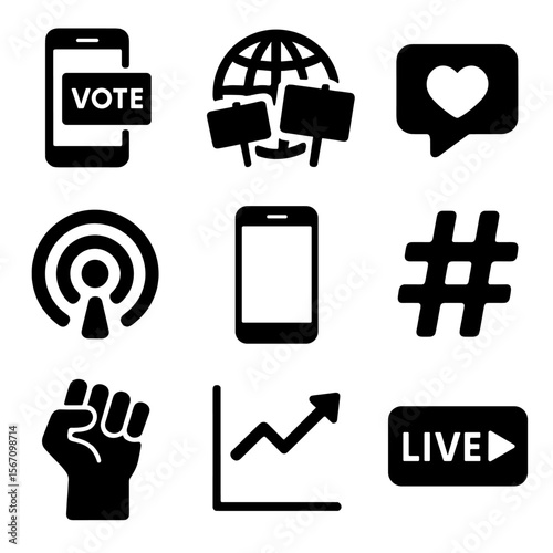 Modern Political Icons. Solid, filled icons set of modern political shifts: digital vote, global protest,