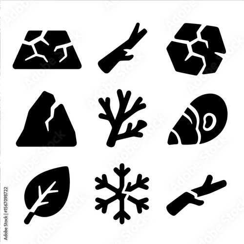 Shattered Nature Icons. Solid, filled icon set of shattered nature: cracked earth, broken tree branch, shattered ice floe,