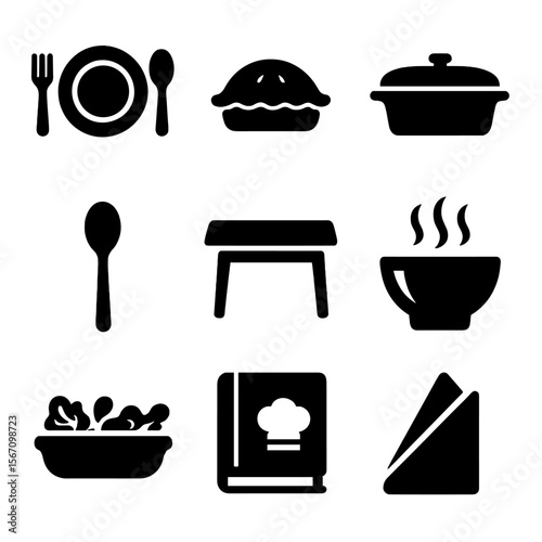 Shared Meals Icons. Solid, filled icon set of shared meals and traditions: dinner plate, pie dish, casserole, serving spoon,