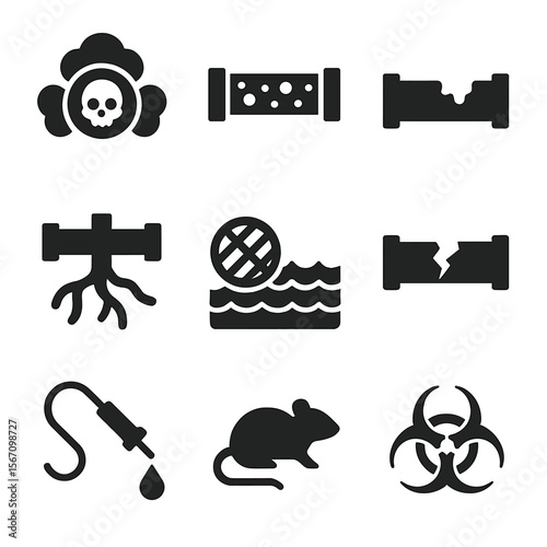 Sewer System Hazards Icons. Solid, filled icon set of sewer system hazards: toxic gas, blockage, pipe corrosion, root intrusion,