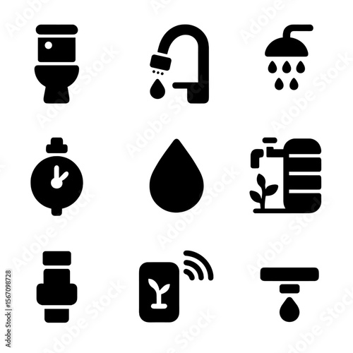 Water-Saving Bathroom Icons. Solid, filled icon set of water-saving bathroom upgrades: dual flush toilet, aerated faucet, low-flow
