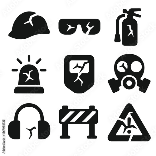 Shattered Safety Icons. Solid, filled icon set of shattered safety equipment: broken helmet, cracked safety glasses, fractured