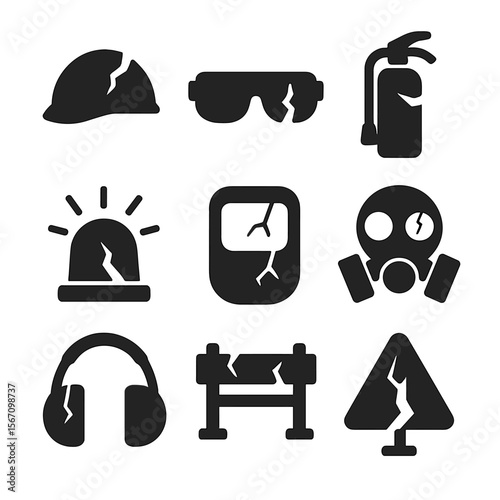 Shattered Safety Icons. Solid, filled icon set of shattered safety equipment: broken helmet, cracked safety glasses, fractured