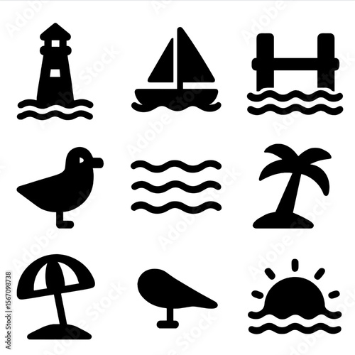 Waterfront Icon Grid. Solid, filled icon set of waterfront views: lighthouse, sailboat, dock, seagull, waves, pier, beach umbrella