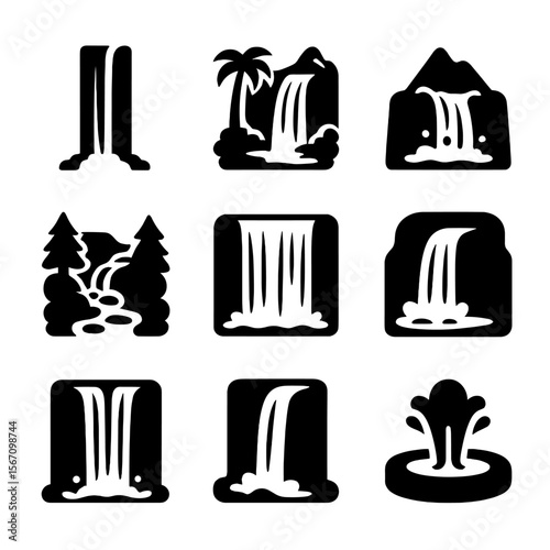 Waterfall Icons Grid. Solid, filled icon set of waterfall destinations: tall cascade, jungle waterfall, mountain fall, forest
