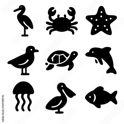 Waterfront Wildlife Icons. Solid, filled icon set of waterfront wildlife: heron, crab, starfish, seagull, turtle, dolphin,