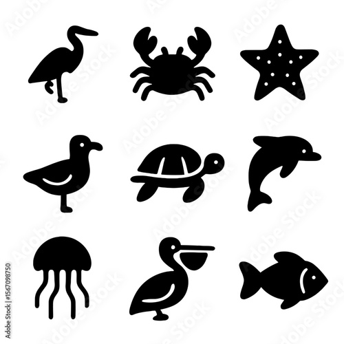 Waterfront Wildlife Icons. Solid, filled icon set of waterfront wildlife: heron, crab, starfish, seagull, turtle, dolphin,