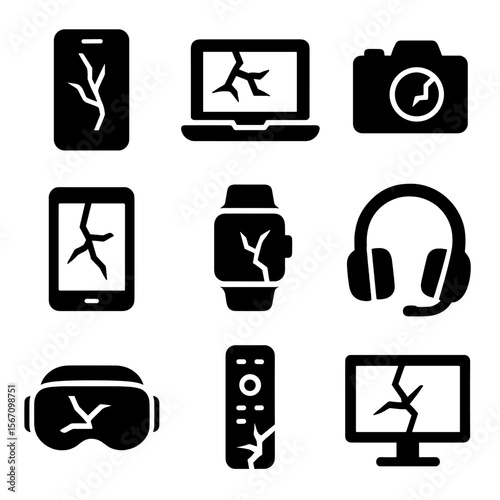 Shattered Tech Icons. Solid, filled icon set of shattered technology: broken smartphone, cracked laptop screen, smashed camera
