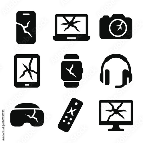 Shattered Tech Icons. Solid, filled icon set of shattered technology: broken smartphone, cracked laptop screen, smashed camera