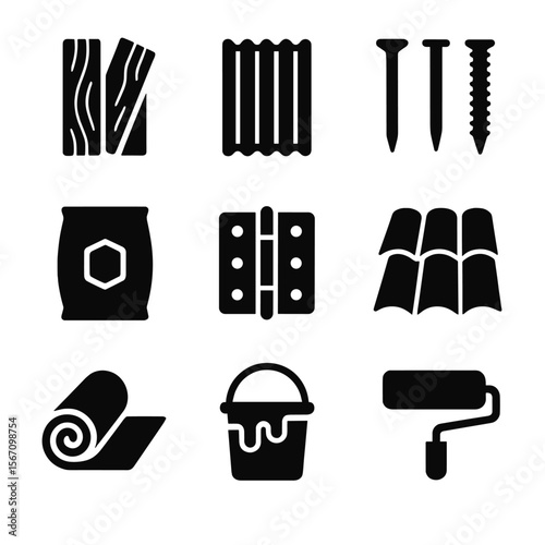 Shed Building Icons. Solid, filled icon set of shed building materials: wooden planks, metal sheet, nails, screws, cement bag,