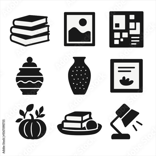 Modern Shelf Icons. Solid, filled icons set of shelf styling inspiration: stacked books, art print, mood board