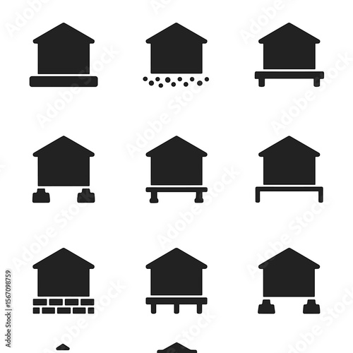 Shed Foundations Icons. Solid, filled icon set of shed foundation options: concrete slab, gravel base, wooden platform, deck