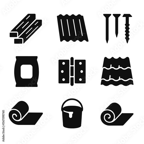Shed Building Icons. Solid, filled icon set of shed building materials: wooden planks, metal sheet, nails, screws, cement bag,