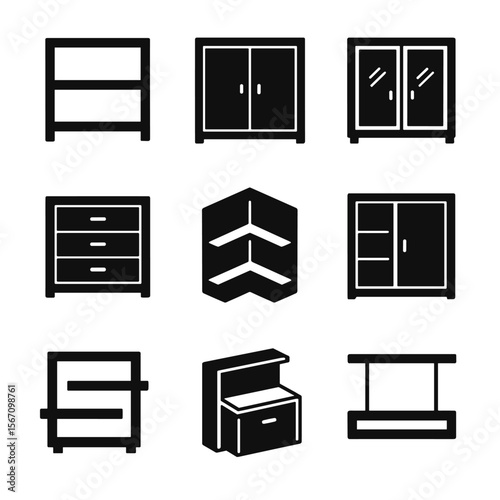 Modern Shelving Icons. Solid, filled icons set of shelving layout concepts: open shelf, closed cabinet, glass