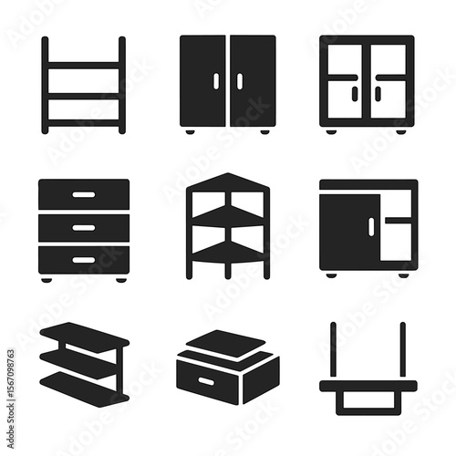 Modern Shelving Icons. Solid, filled icons set of shelving layout concepts: open shelf, closed cabinet, glass