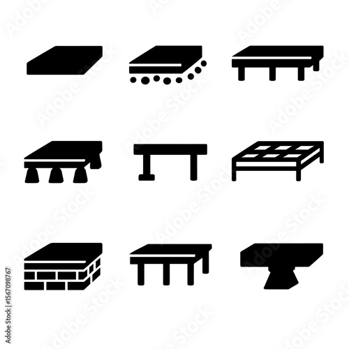 Shed Foundations Icons. Solid, filled icon set of shed foundation options: concrete slab, gravel base, wooden platform, deck