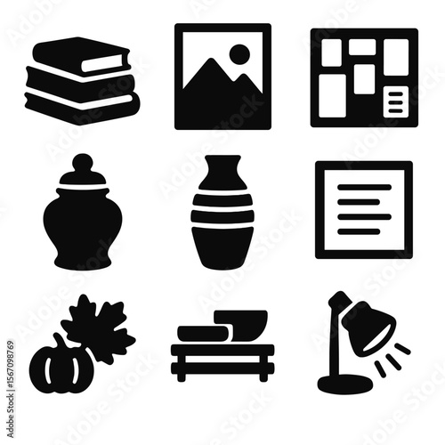 Modern Shelf Icons. Solid, filled icons set of shelf styling inspiration: stacked books, art print, mood board