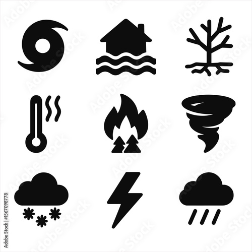 Weather Extremes Icons. Solid, filled icon set of weather extremes due to warming: hurricane, flood, drought, heat wave, wildfire,