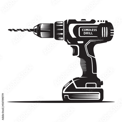 Black and white graphic illustration of a modern cordless power drill with a drill bit attached and a shadow