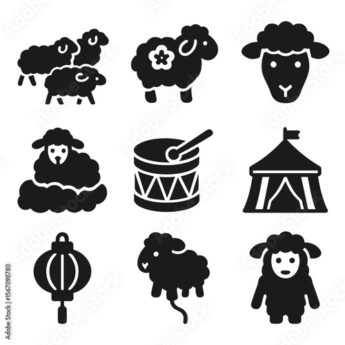 Sheep Festival Icons. Solid, filled icon set of sheep and festivals: sheep parade, decorated sheep, sheep mask, wooly float,