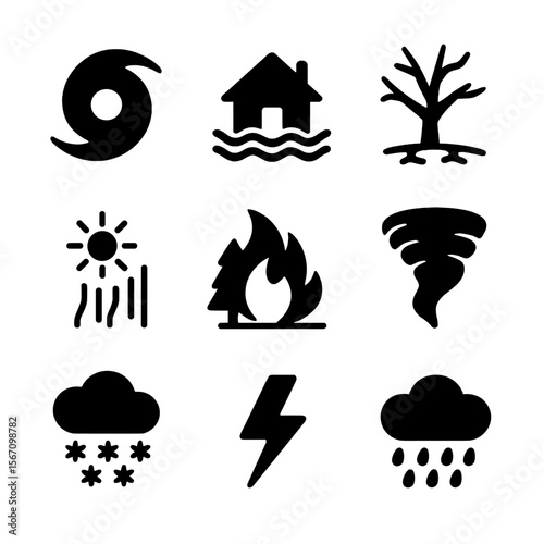 Weather Extremes Icons. Solid, filled icon set of weather extremes due to warming: hurricane, flood, drought, heat wave, wildfire,