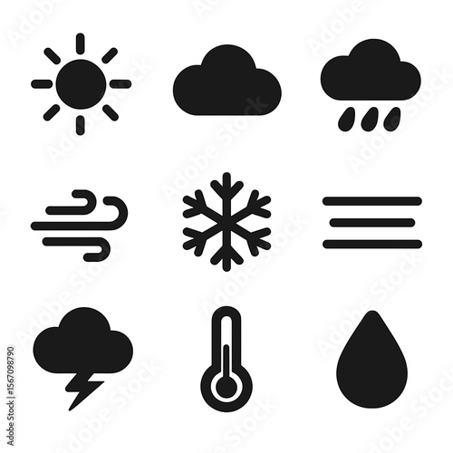 Weather Icons Grid. Solid, filled icon set of field weather conditions: sun, cloud, light rain, strong wind, frost, fog,