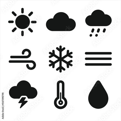 Weather Icons Grid. Solid, filled icon set of field weather conditions: sun, cloud, light rain, strong wind, frost, fog,