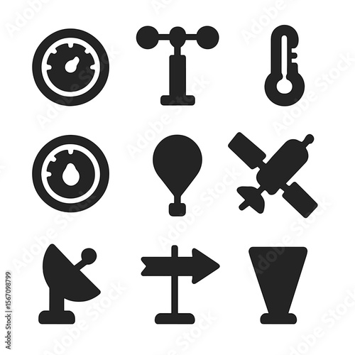 Weather Instruments Icons. Solid, filled icon set of atmospheric instruments: barometer, anemometer, thermometer, hygrometer,