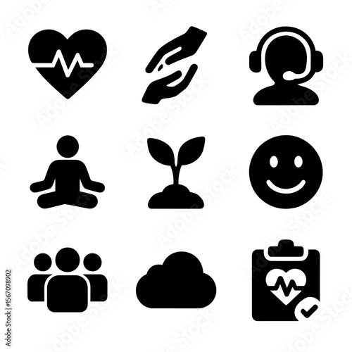 Wellness Icon Set. Solid, filled icon set of asynchronous wellness and support: heart pulse, helping hand, chat support,