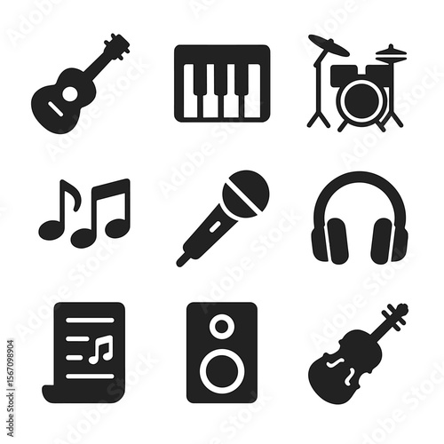 Weekend Music Icons. Solid, filled icon set of weekend music practice: guitar, piano keyboard, drum set, microphone, music notes,