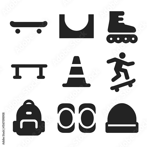 Skate Gear Icons. Solid, filled icon set of skate and street sports: skateboard, halfpipe, rollerblades, grind rail, street cone,