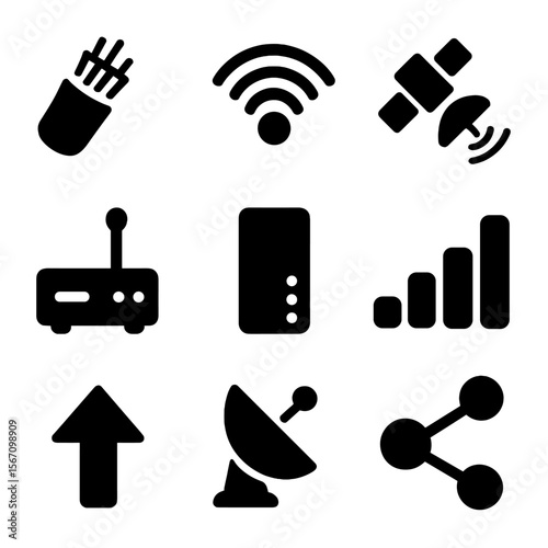 Signal Transmission Icons. Solid, filled icon set of signal transmission channels: fiber cable, radio wave, satellite orbit,