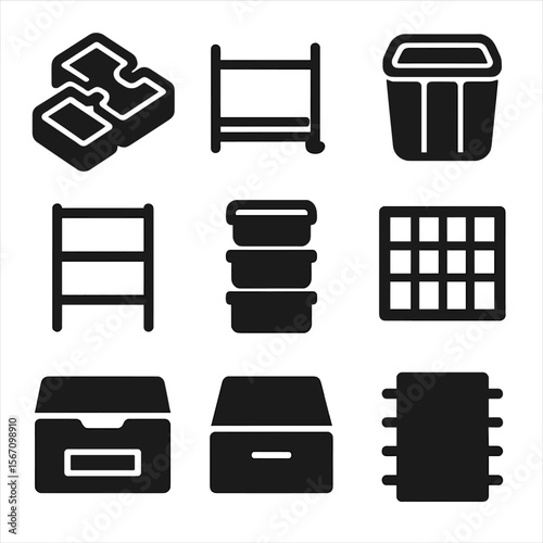 Modular Kitchen Icons. Solid, filled icons set of modular kitchen systems: interlocking trays, slide rack,