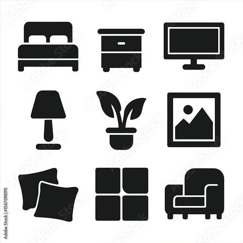 Modular Apartment Icons. Solid, filled icons set of furnished modular apartments: furnished bed module, side