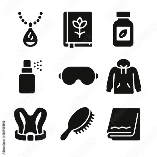 Wellness Gear Icons. Solid, filled icon set of wellness lifestyle gear: aromatherapy necklace, wellness journal, herbal tea bottle