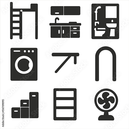 Modular Apartment Icons. Solid, filled icons set of tiny modular apartments: ladder loft, kitchenette unit,