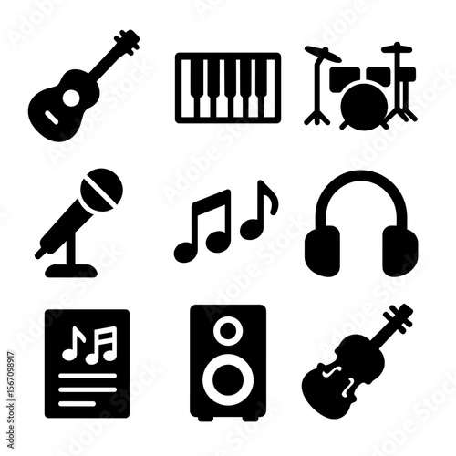 Weekend Music Icons. Solid, filled icon set of weekend music practice: guitar, piano keyboard, drum set, microphone, music notes,