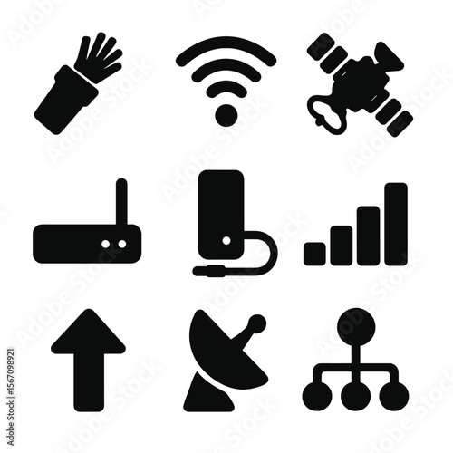 Signal Transmission Icons. Solid, filled icon set of signal transmission channels: fiber cable, radio wave, satellite orbit,