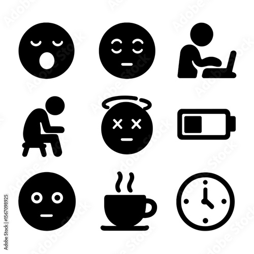 Signs of Tiredness Icons. Solid, filled icon set of signs of needing a nap: yawning face, droopy eyes, slow typing, slouching body