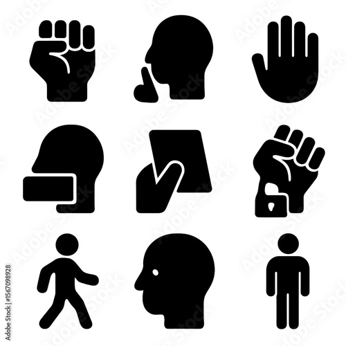 Silent Resistance Icons. Solid, filled icon set of silent resistance: clenched fist, quiet protest, raised hand, hidden message,