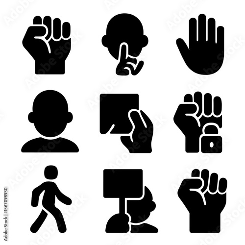 Silent Resistance Icons. Solid, filled icon set of silent resistance: clenched fist, quiet protest, raised hand, hidden message,