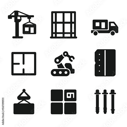 Modular Construction Icons. Solid, filled icons set of modular apartment construction: prefabrication crane,