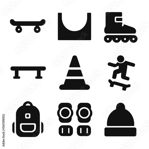 Skate Gear Icons. Solid, filled icon set of skate and street sports: skateboard, halfpipe, rollerblades, grind rail, street cone,
