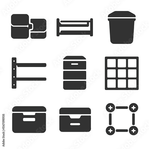Modular Kitchen Icons. Solid, filled icons set of modular kitchen systems: interlocking trays, slide rack,